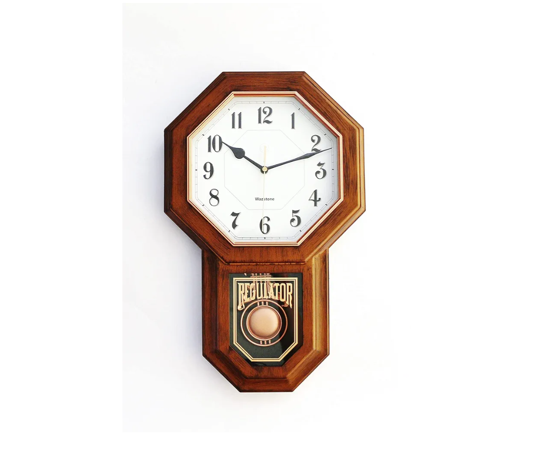 Classic Antique Mini Pendulum Wall Clock, Wood Simulated Vintage Bronze Texture, Non Ticking Silent Sweep Quartz Movement, Width 11.4”, Length 18.5”, Retro Rustic Country Style, Plastic Frame