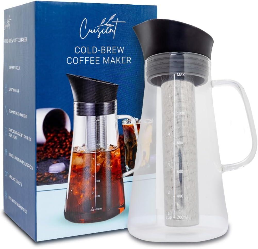 Cold-Brew Coffee Maker, 1350ml capacity,Stainless Steel 304 filter, includes cleaning brush