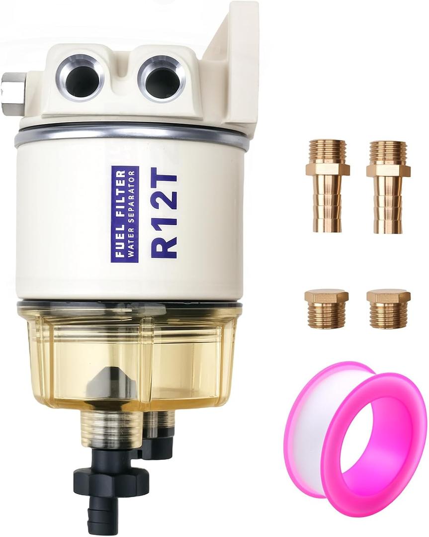 R12T Marine Fuel Water Separator Filter Kit, 10 Micron Replacement for S3240 120AT 18-7987 NPT ZG1/4-19, Fits Gasoline and Diesel Outboard Engines, Includes 2 Fittings and 2 Plugs