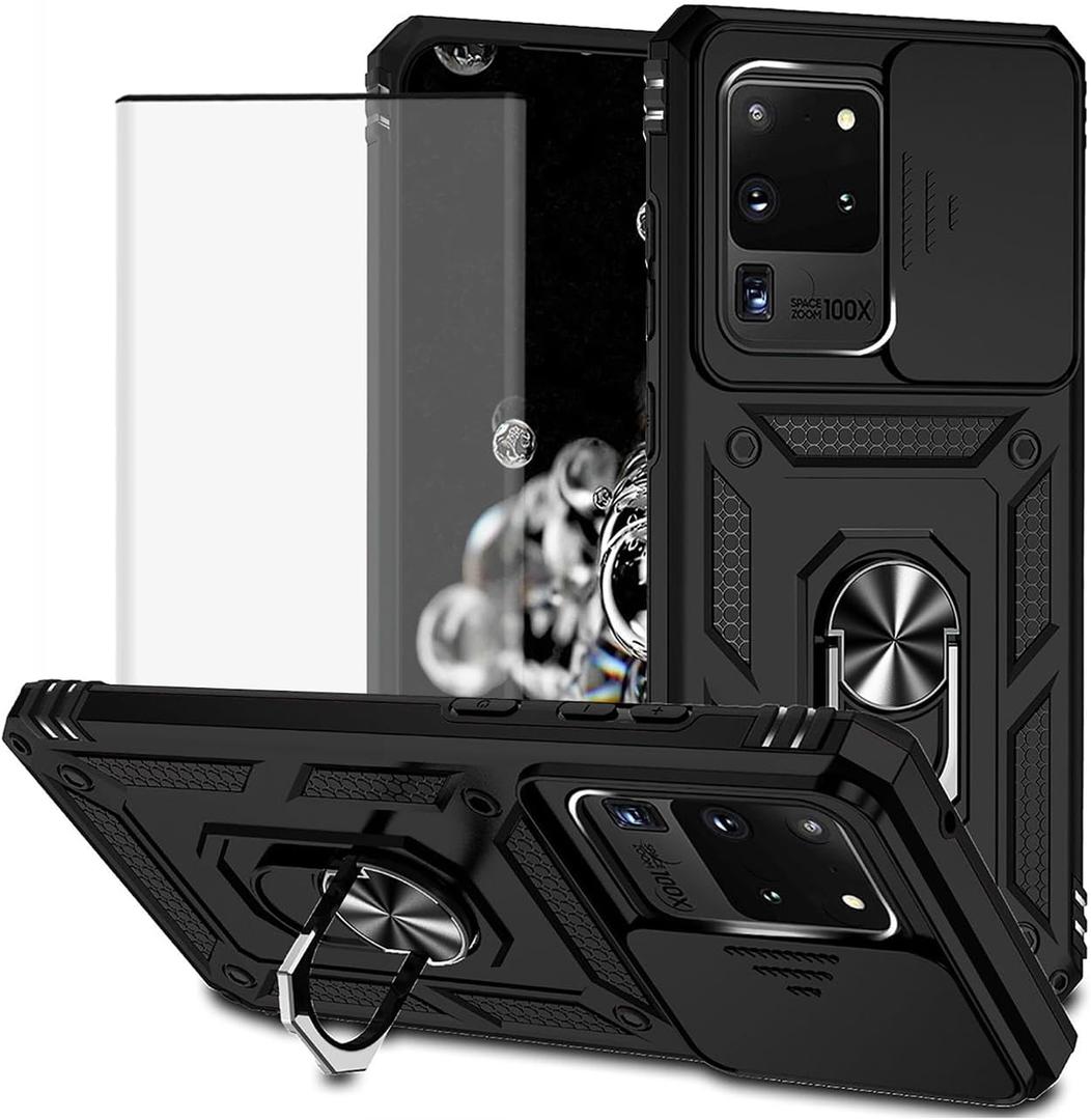 for Galaxy S20 Ultra Case/Samsung S20 Ultra SM-G988U Case with Tempered Glass Screen Protector and Slide Camera Cover,Magnetic Ring Car Mount Holder Cover for Samsung Galaxy S20 Ultra 5G Black