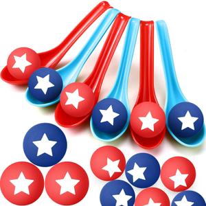 24 Pack Spoon Relay Race Toy Set for Patriotic Ball and Spoon Race Game for 4th of July Independence Day Labor Day Indoor Outdoor Party Game Supplies(Red, Blue,Star)