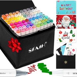 SFAIH Alcohol Markers Fine & Chisel - Ideal Christmas Gift & Stocking Stuffers - 81 Colors Dual Tip - Coloring Illustration Marker for Teens, Beginners Artist [Greeting Card, Leather Storage Box]