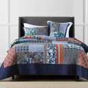King Quilt Sets, 100% Cotton Quilts King Size, Navy Bedspreads, Patchwork with Retro Bohemian Floral Patterns, 3-Piece Lightweight Bedding Coverlet for All Season (1 Quilt + 2 Pillow Shams)
