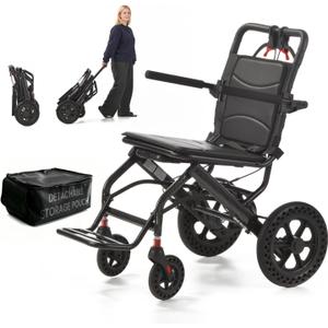 Ultra Lightweight Foldable Adults Wheelchair for Airplane Travel | 21.8 lbs Portable Transport Chair with Attendant Hand Brakes,Flip-Up Armrests, Dual Shock Absorption