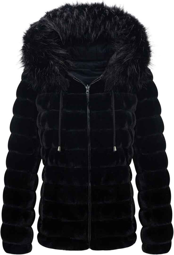 Bellivera Women Double Sided Faux Fur Jacket Spring and Winter Fashion Reversible Hood Puffer Coat with Fur Collar (Black)
