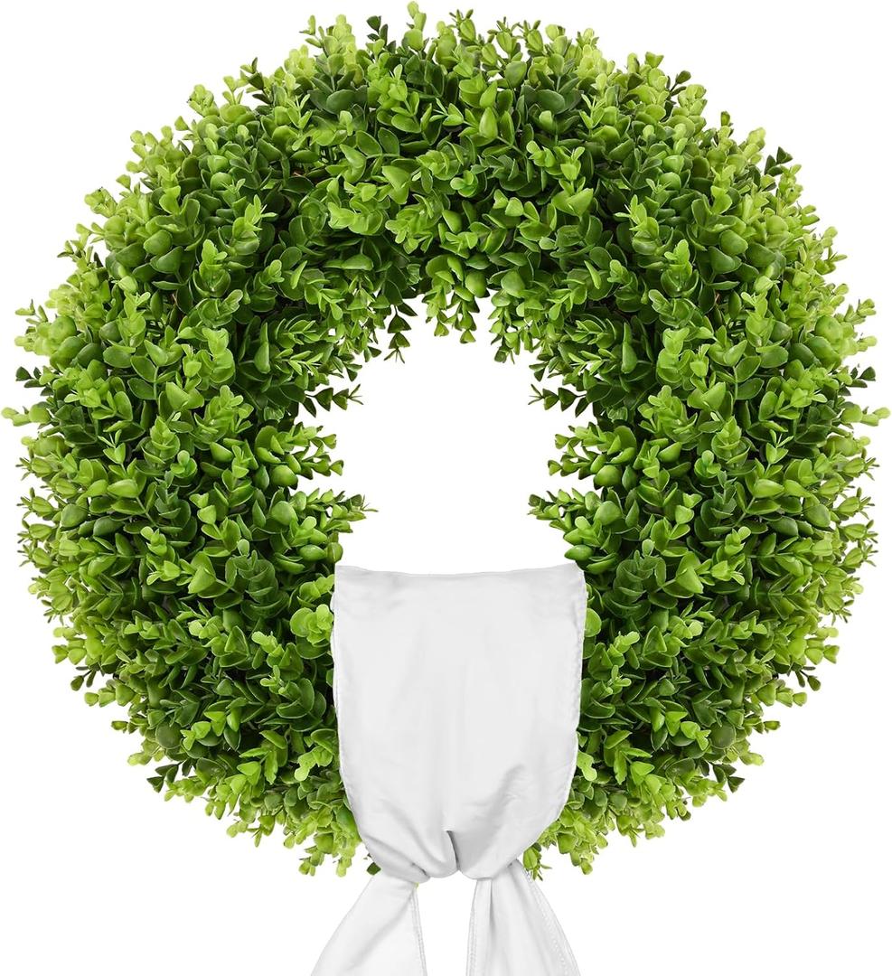 Vlorart 20" Boxwood Wreath for Front Door with Sash & Plaid Bow, Full Lush Artificial Greenery Wreath for Spring Summer Farmhouse Wall, Window & Wedding Decor