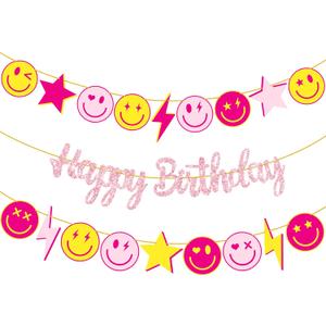 Preppy Birthday Party Banners 3Pcs Preppy Smile Face Birthday Party Decorations Pink Smile Face Lightning Star Themed Party Banners for Preppy Theme Bachelorette Party Supplies