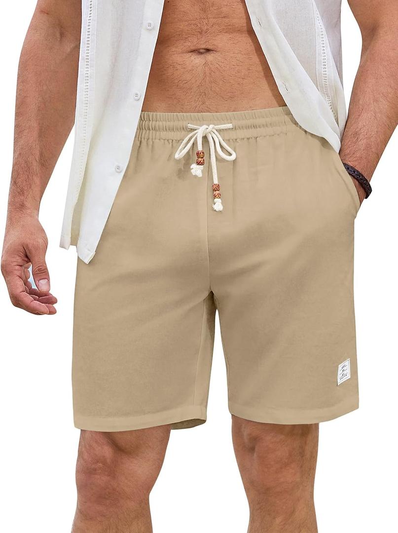 JMIERR Mens Shorts Linen Cotton 7" Casual Elastic Waist Drawstring Lightweight Summer Beach Shorts with Pockets (X-Large, A1 Khaki)