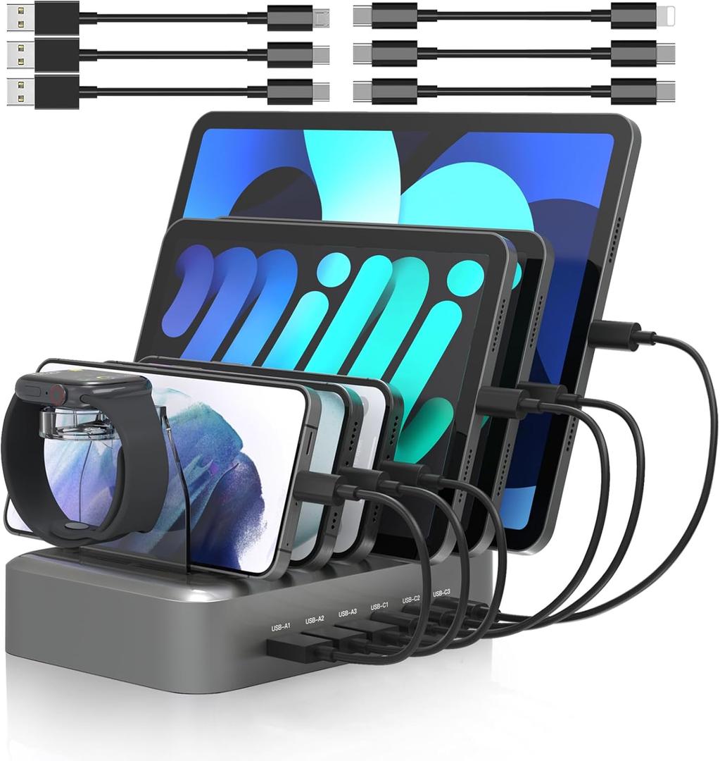 MSTJRY 90W 6-Port USB C Fast Charging Station for Multiple Devices, Multi PD Charger Station for iPhone iPad Tablet Phone, Charging Dock Organizer with Adjustable Dividers for Home Office Classroom (gun)