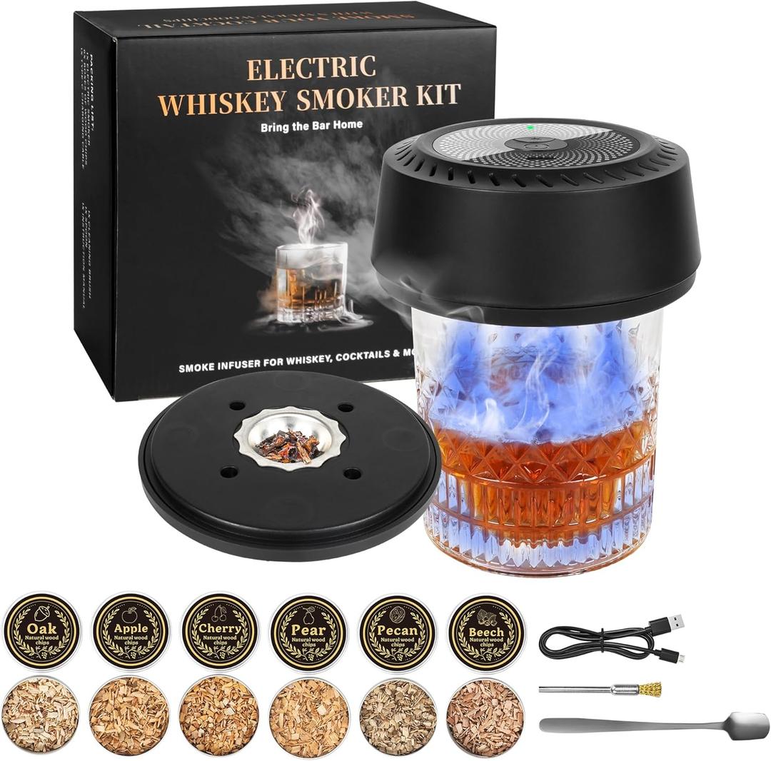 Electric Whiskey Smoker Kit, Rechargeable Cocktail Smoker Kit with 6 Wood Chips, Old Fashioned Smoker Kit Bourbon Drink Smoker Kit Birthday Christmas Gifts for Men, Dad, Husband (No Butane (Bright Black)