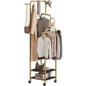 Chrislley Small Clothing Rack With Wheels, 71" Portable Rolling Garment Rack With 2 Shelves and 6 Hooks, 3-Section Different Heights Heavy Duty Metal Clothes Rack For Coats, Shirts, Bags, Shoes, Gold