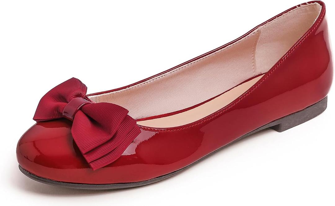 Feversole Women's Round Toe Cute Bow Trim Ballet Flats (8, Retro Red Patent Tri-bow)