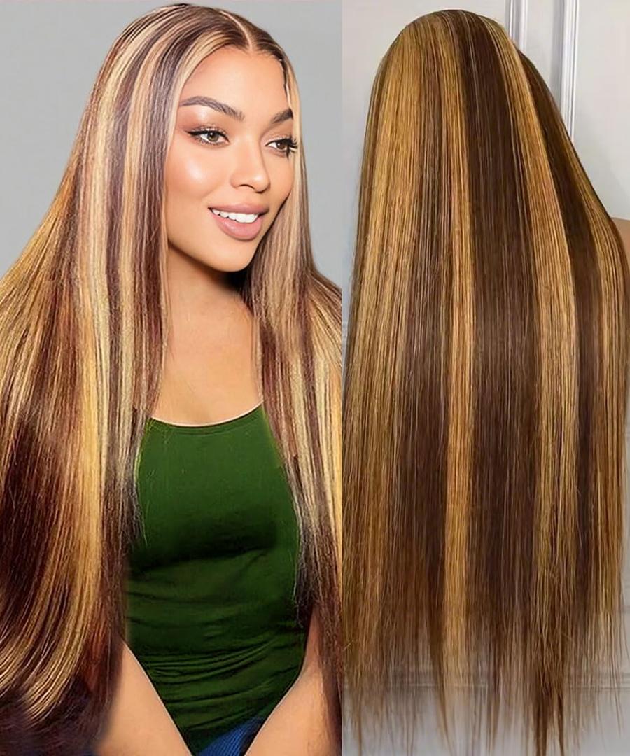 Highlight Ombre Lace Front Wig Human Hair 13X6 Honey Blonde Straight HD Lace Frontal Wig Pre Plucked Tangle-Free 200 Density Brown Wig 4/27 Colored Real Virgin Human Hair 22 Inch