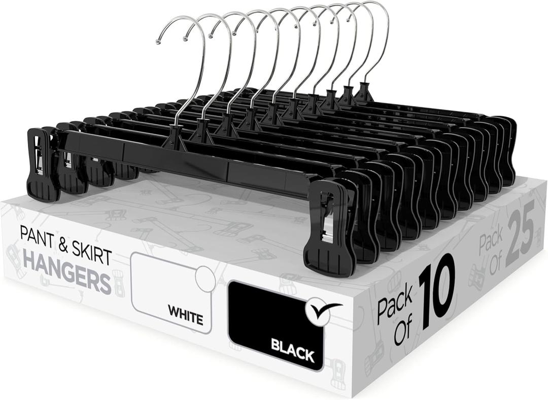 Sharpty Pant & Skirt Hangers - Closet Hangers for Shorts, Shirts, Jeans, Dresses, Slacks, Coats, Clothes, Clothing, Garments & More - Durable, Space Saving & Non-Slip, Black - 10 Pack