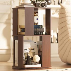 Easyego 2 Tier Solid Wood Rotating Bookshelf, 360 Upgrade Spinning Book Shelf, Revolving Bookcase Organizer, Swivel Bookshelves for Small Spaces, Corner, Bedroom, Kids Room, Office (Walnut)