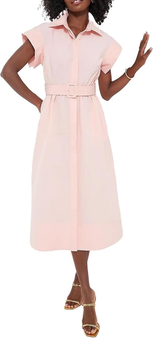 Womens Turn Down Collar Shirt Dress Short Wing Sleeve Button Down Dress Trench Coat Formal Elegant Dress With Belt(Pink-M) (Pink, M)