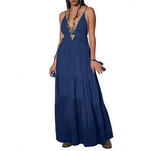 CORAMOON Women's Navy Summer Deep V-Neck Spaghetti Strap Flowy Casual Boho Sun Dress for Beach, Vacation (US, Alpha, Small, Regular, Regular, Navy) (Blue, S)