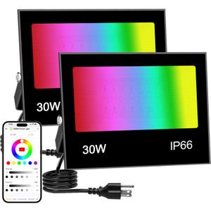 LED Flood Light Outdoor 30W RGB Color Changing, Smart Floodlights RGBW 2700K 3000LM Warm White & 16 Million Colors, 43 Modes Stage Lights, Grouping, Timing, IP66 Waterproof (2 Pack)