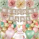 Pink Green Baby Shower Decorations Girls with Welcome Baby Banner, Paper Pom Poms, Sweet-Girl Baby Cake Topper, Retro Olive Pink Metallic Balloon Dcor for Easter Jungle Safari Fairy Baby Shower Party