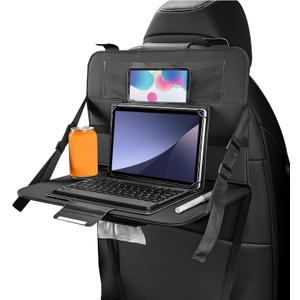 Car Steering Wheel Tray, Foldable Car Laptop Desk Eating Food Tray with Transparent Holder & Tissue Box, Adjustable Back Seat Headrest Table for in-Car Dining Working Studying (Black)