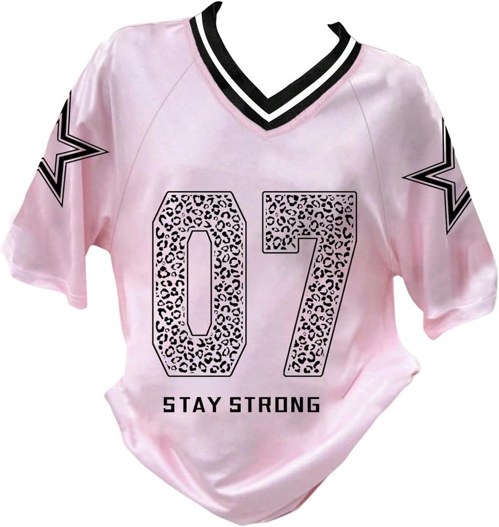 RoseSeek Girl's Jersey Y2K Oversized Graphic Number Print Tops V Neck Short Sleeve T Shirt Hip Pop Tee Streetwear (Pink, S)