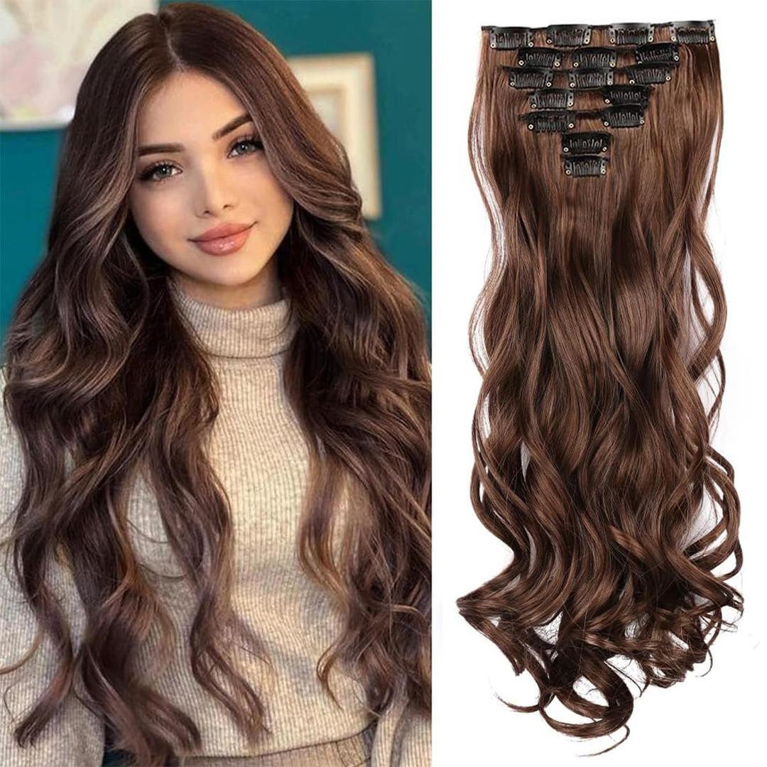 Clip In Hair Extensions 22 Inch Long Wavy Synthetic Hair Extension for Women Girls Dark Brown Color Hair Natural Soft Invisible Clips Thick Hairpieces for Daily(22 Inch, 7 Pcs, Dark Brown)