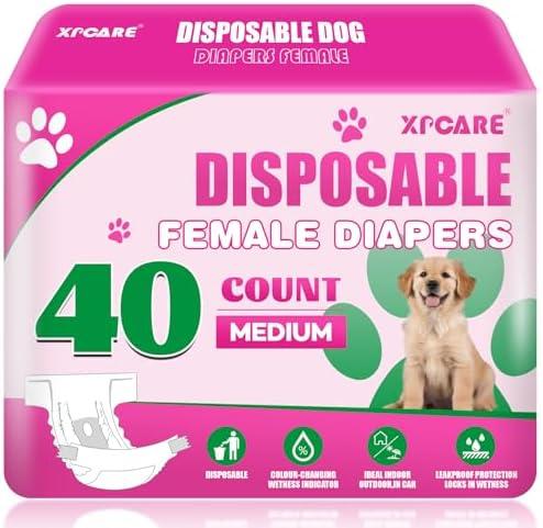 XPCARE 40 Count Disposable Female Dog Diapers, Super Absorbent, Leak Proof, Dog Diapers,Dog Period Diaper Female, for Incontinence, Estrus Female Dogs (Medium)