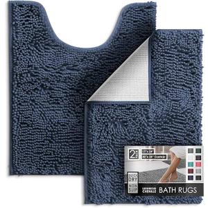 Hearth & Harbor Bathroom Rugs, Chenille Bath Mat - Machine Washable Bath Mats for Bathroom Non-Slip Backing Rubber, Quick Dry Bathroom Mat - Navy Blue 17x24-20x24