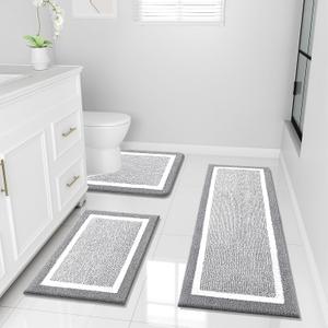OLANLY Bathroom Rugs Sets 3 Piece, Soft Absorbent Microfiber Bath Mats and U-Shaped Contour Toilet Rug, Home Decor Accessories, Non-Slip, Bath Mat Set for Bathroom (47"x20"+24"x16"+24"x20", Grey)