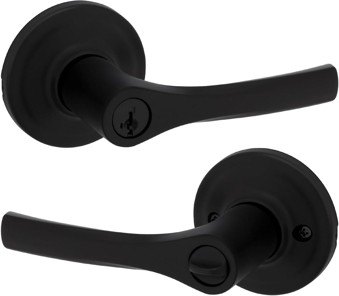 Kwikset Henley Entry Door Handle with Lock and Key, Secure Keyed Reversible Lever Exterior, For Front Entrance and Bedrooms, Matte Black, Pick Resistant Smartkey Rekey Security and Microban