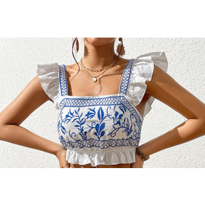 Breezaya Floral Embroidery Ruffle Trim Crop Top, Size S