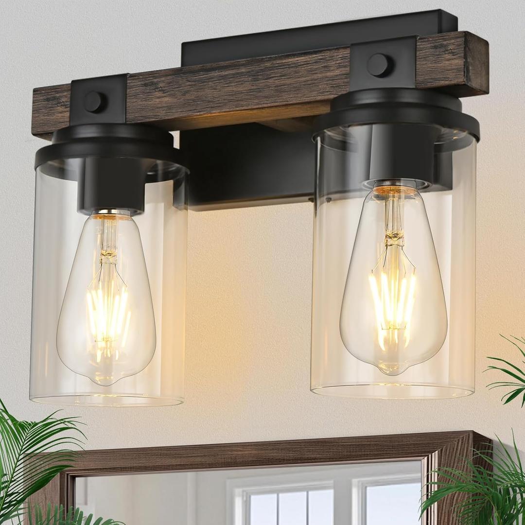 Farmhouse Bathroom Light Fixture Wood Black Vanity Lighting 2-Light Wooden Wall Sconce Industrial Rustic Wall Light Fixtures Over Mirror with Clear Glass Shade for Bathroom Hallway Kitchen Bedroom