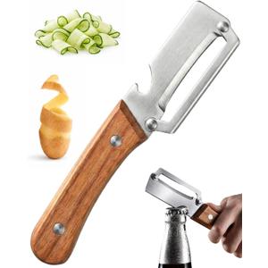 Multi Functional Vegetable Peeler with Wooden Handle and Bottle Opener, Stainless Steel Kitchen Peeler Tool for Potato Carrot Pumpkin Papaya, Premium Single Blade Food Peelers (1pcs)