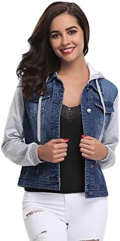 MISS MOLY Women's Layered Drawstring Casual Hoodie Denim Jackets Jean Jacket Coat w Pockets Size M