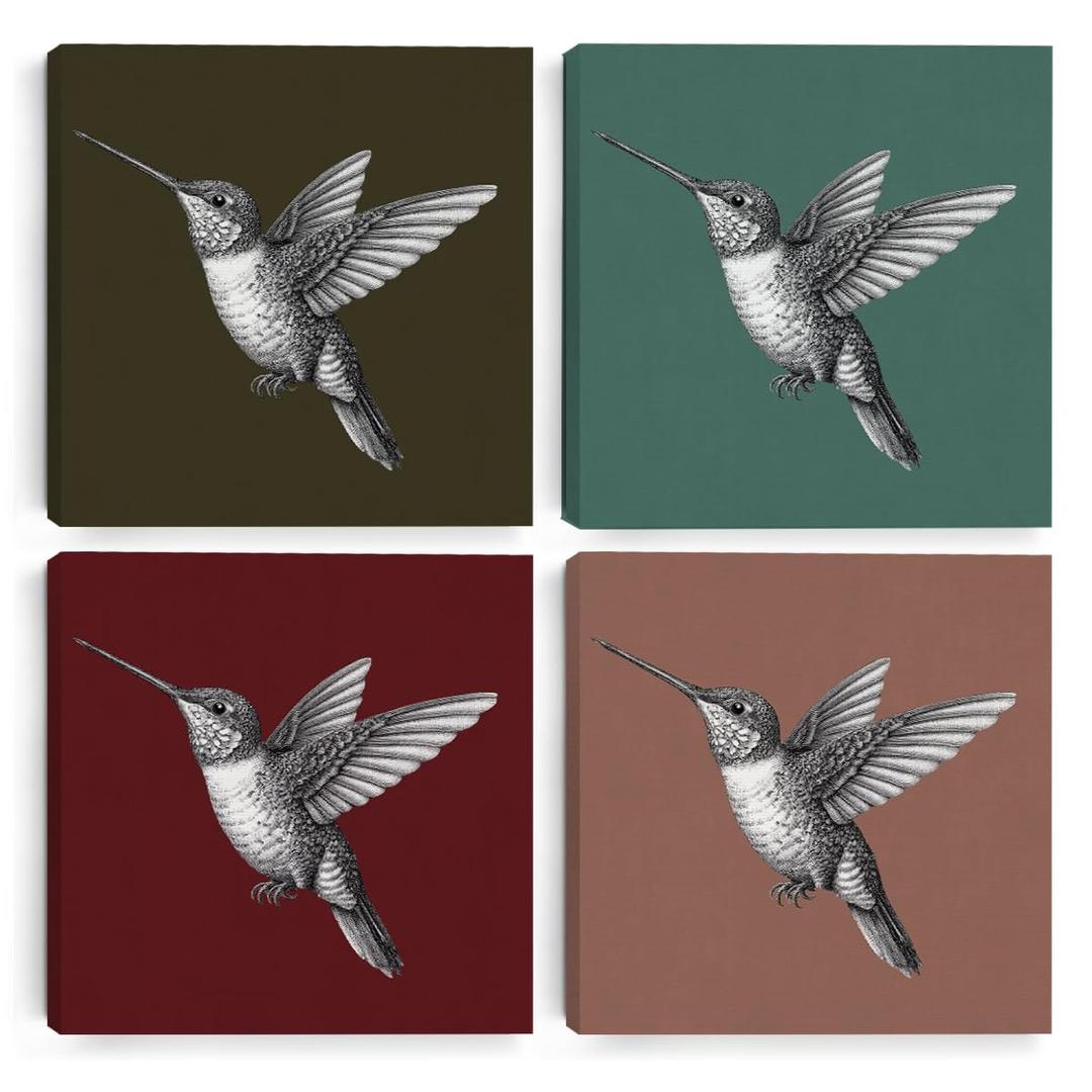 4 Pcs Vintage Hummingbird Gifts Hummingbird Decor Bird Lovers Garden Farmhouse Bathroom Home Girls Room Wall Decor Canvas Wall Art Artwork for Walls Paintings Pictures Framed Art Prints 7.8X7.8 Inch
