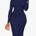 Women's Ruched Long Sleeve Elegant Bodycon Basic Casual Midi Dress Size M, Navy