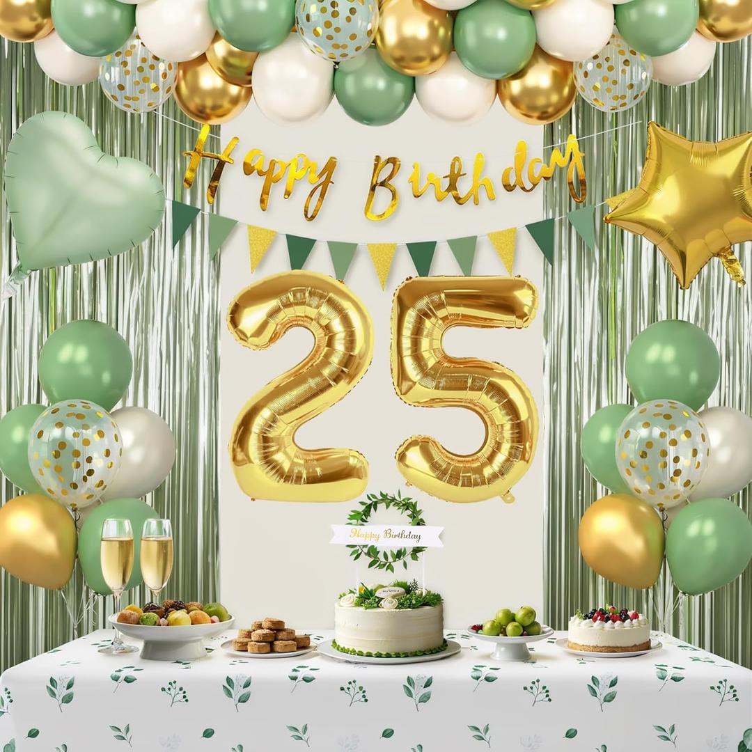 Sage Green 25th Birthday Decorations for Women, Happy 25th Birthday Decorations for Her, Green Gold Balloons, Foil Balloons, Happy Birthday Banner, Olive Neutral Birthday Party Supplies