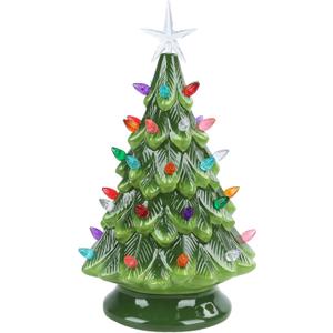 Ceramic Christmas Tree 12 Inch Tabletop Christmas Tree Vintage Christmas Decoration Battery Operated Mini Green Xmas Trees with Multicolored Lights