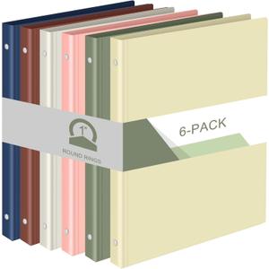 Fulmoon 6 Pack Plastic 3 Ring Binder Assorted Colors Economy Flexible Round Ring Presentation Binders with Pocket for Office School Meeting(1 Inch,Morandi Colors)