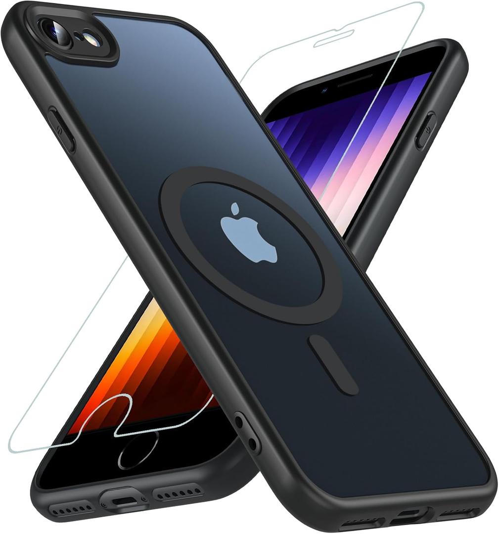OWKEY Magnetic for iPhone SE Case 2022/2020/3rd/2rd, iPhone 8/7 Case, Compatible with MagSafe SE Phone Case with Screen Protector, Shockproof Matte Translucent Hard Back Slim Protective Cover (Black)
