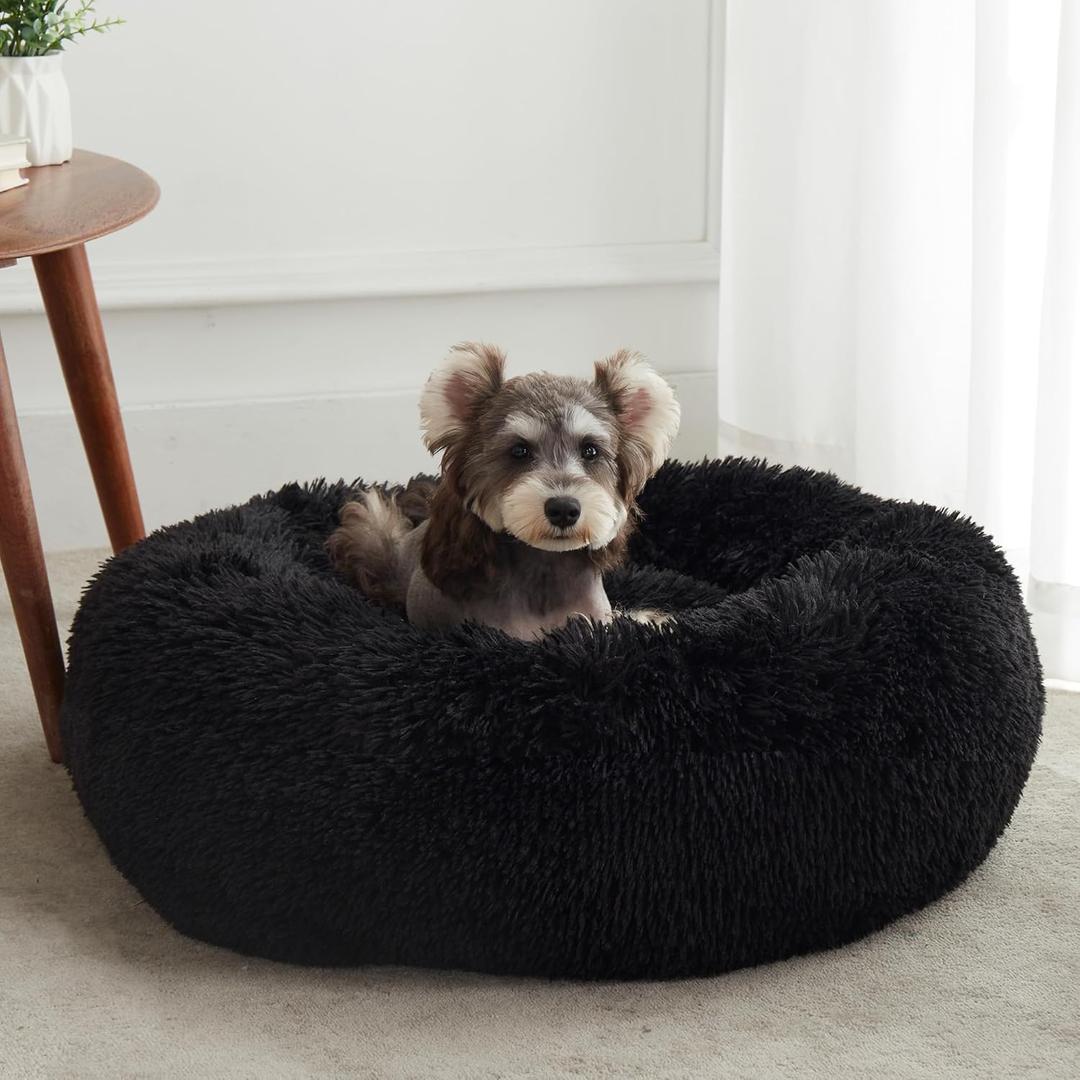 WESTERN HOME WH Calming Anti-Anxiety Donut Dog & Cat Bed, Warming Cozy Soft Round Cushion, Fluffy Faux Fur Plush Cuddler for Small Medium Dogs and Cats (27.0"L x 27.0"W x 8.0"Th, Black)