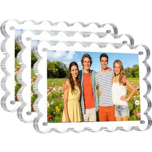 3 Pack Acrylic Picture Frames 4x6 Inch Magnetic Photo Frames, 10+10mm Thick Block, Double Sided Clear Frameless Photo Display, UV Resistant Scalloped Frames Freestanding for Desktop Display