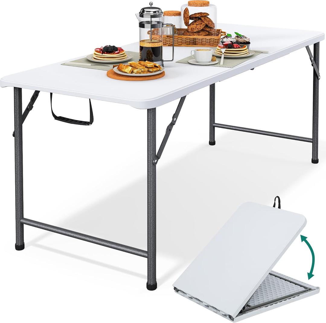 YITAHOME 6FT Folding Table, Outdoor Folding Table w/Heavy Duty HDPE Tabletop, Rectangle Folding Tables w/Portable Carrying Handle for Picnic, Parties, Camping & Indoor Activities, White