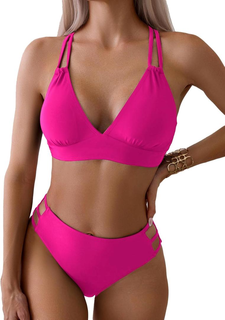 Fanuerg Women's Sexy V Neck Bikini Sets Hollow Out Two Piece Swimsuits Cutout Mid Waist Bathing Suit (Medium, Hot Pink)