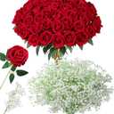 HyeFlora 35 PCS Artificial Red Roses with 15 PCS Fake Baby Breath Realistic Fake Flowers Bouquet with Long Stem for DIY Wedding Party Home Decoration Vase Tables Centerpieces Arrangements Gift for Her
