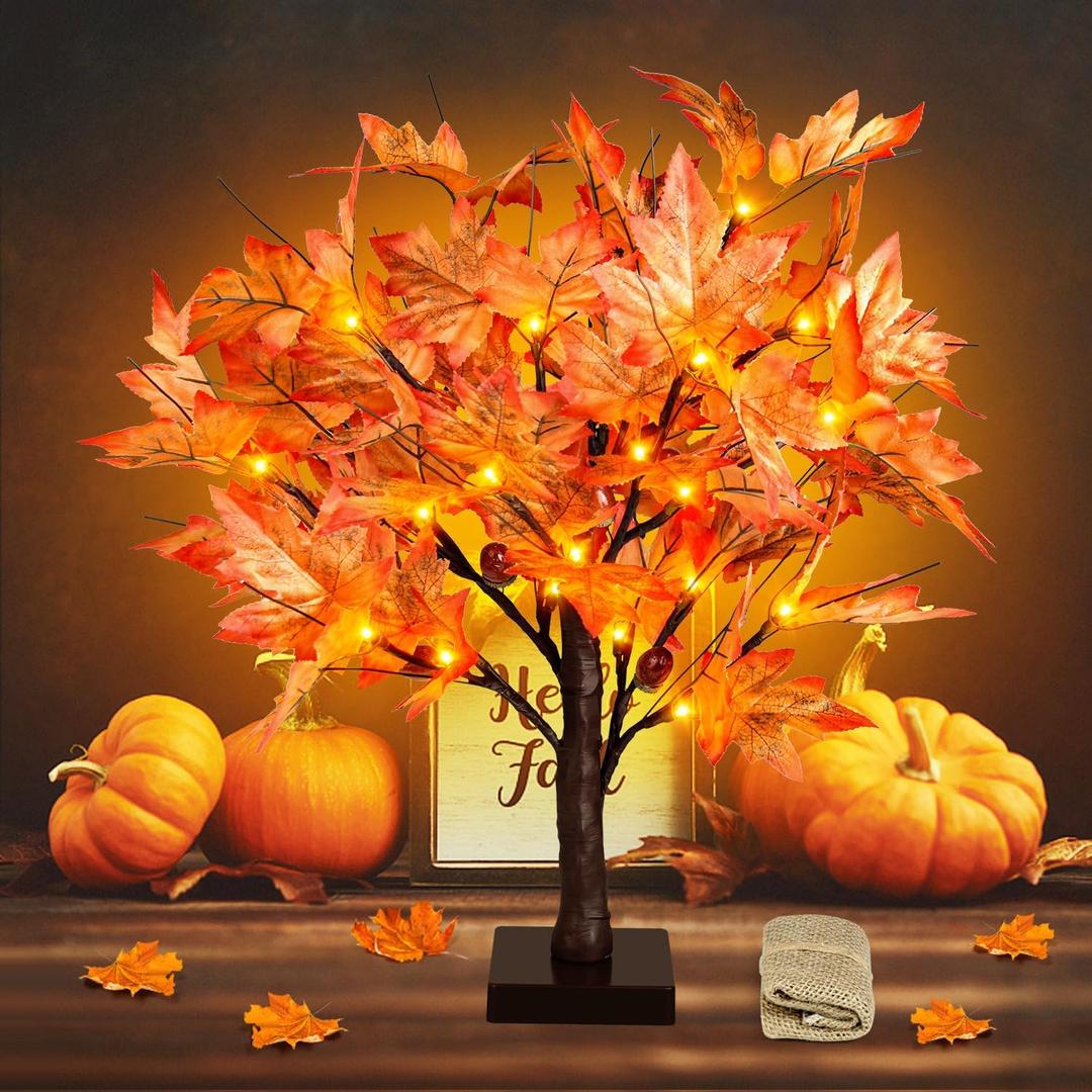 Remon 18 Inch Lighted Fall Maple Tree - 1.5FT Thanksgiving Tabletop Lamp Decor with 36 LED Lights, 72 Maple Leaves, 6 Acorns, Timer Function, Battery Operated Fall Artificial Tree with Burlap Base