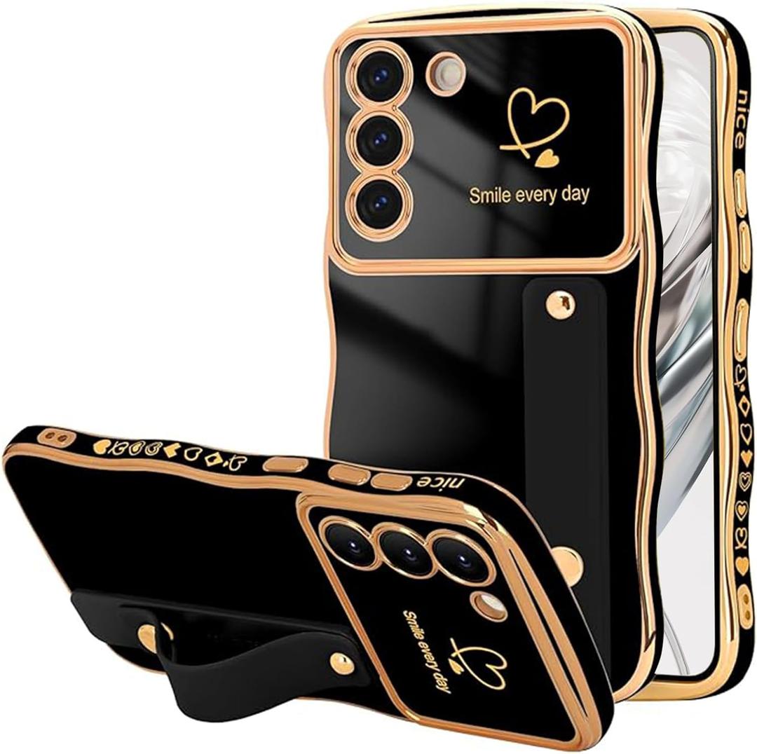 NITITOP Compatible with Samsung Galaxy S23 Plus Case with Kickstand Strap Cute Luxury with Love Heart Plating Pattern Wave Frame Women Girls Men Raised Camera Shockproof Protection Cover-Black