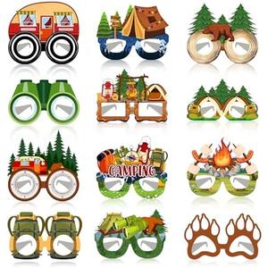 JIUMANGO 24 PCS Camping Paper Eyeglasses Camping Party Favors Supplies Camping Camp Birthday Party Decorations Gifts Photo Booth Props for Kids Boys Girls