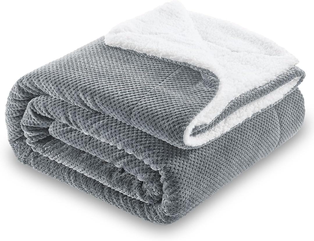 SOCHOW Waffle Sherpa Fleece Throw Blanket, Super Soft Fuzzy Warm, Lightweight Fluffy Reversible Plush Blanket for Bed Sofa Couch, 50 x 60 Inches Grey