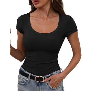 GEMBERA Womens' Stretchy Scoop Neck Short Sleeve Shirts Fitted Casual Basic Top T-Shirts (Medium, Black)